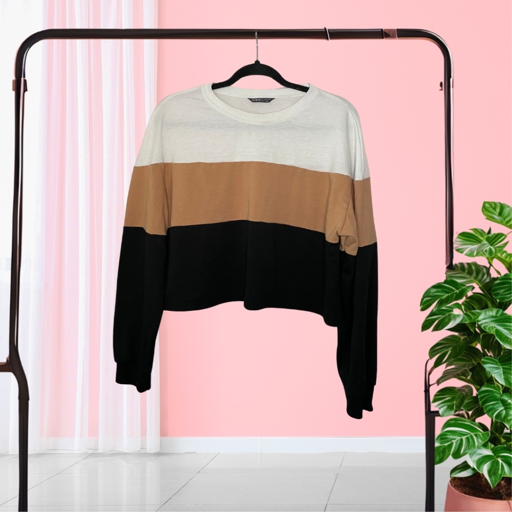 SHEIN Colorblock Long Sleeve Tee - Cream, Brown, Black